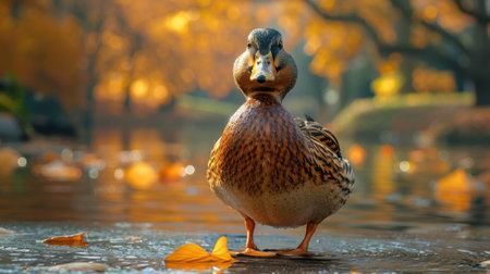 Duck on the lake in the autumn park. Close-upの素材