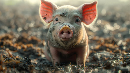 Portrait of a little pig in the mud on the farm.の素材