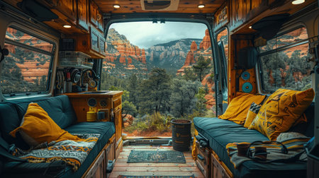 An interior shot of a van parked near Sedona, Arizona, with red rock cliffs visible through the open doors.の素材