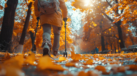 A person at a park, trying to enjoy the outdoors despite having their leg in a cast and using crutches.の素材
