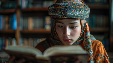 A teenage girl is reading the holy Quranの素材