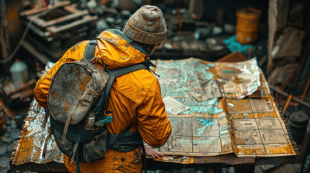 A miner examining a map of the mine, planning the next phase of excavation, with geological tools and charts spread out on a tableの素材