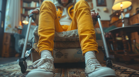 A person sitting on a couch with their leg in a cast, using crutches nearbyの素材