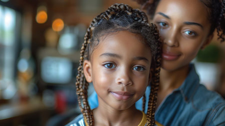 A mom helping her son with braids get ready for school on the first dayの素材