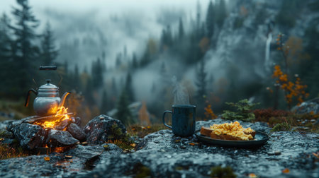 A morning campsite scene, with a kettle boiling over a campfire, a mug of hot coffee, and a plate of scrambled eggs and toast, set against the backdrop of a misty forestの素材