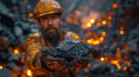 A miner at the surface, holding a piece of coal or ore, with mining structures and equipment in the background, under a bright skyの素材
