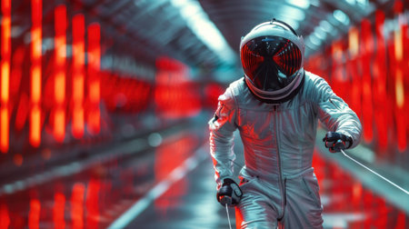 A modern pentathlete fencing during the event at the Olympic Gamesの素材