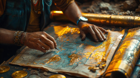 A miner examining a map of the mine, planning the next phase of excavation, with geological tools and charts spread out on a tableの素材