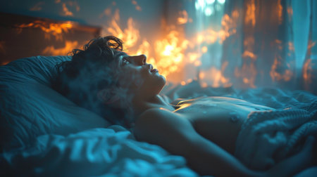 A person lying awake in bed at night, with shadows of negative thoughts looming over themの素材