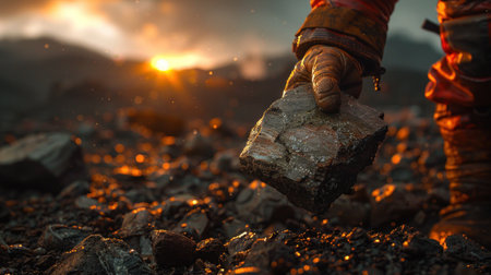 A miner at the surface, holding a piece of coal or ore, with mining structures and equipment in the background, under a bright skyの素材