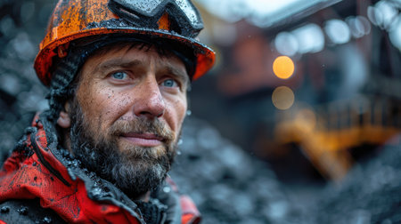 A miner at the surface, holding a piece of coal or ore, with mining structures and equipment in the background, under a bright skyの素材