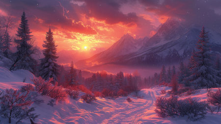 A panoramic sunset over a snowy landscape, with snow-capped mountains and pine trees, and the sky tinged with shades of pink and purpleの素材