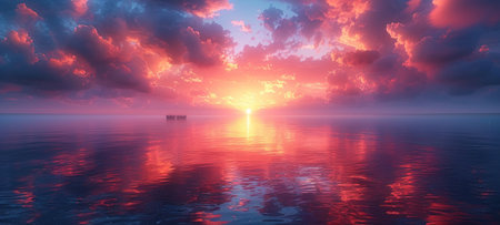 A panoramic sunset over a tranquil lake, with vibrant hues of orange, pink, and purple reflecting on the water's surfaceの素材