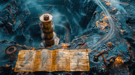 A miner examining a map of the mine, planning the next phase of excavation, with geological tools and charts spread out on a tableの素材