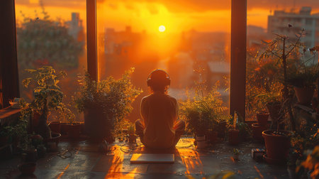 A person sitting on a balcony with a laptop and headphones, surrounded by potted plants and a beautiful sunset, creating a tranquil lofi music atmosphereの素材