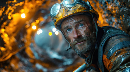 A miner wearing a hard hat and safety gear, working with a pickaxe in a dimly lit underground tunnelの素材