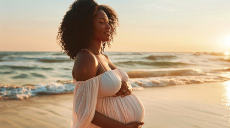 A pregnant African American woman relaxing and enjoying a peaceful day at the park.の素材