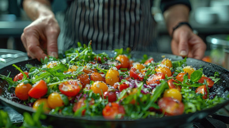 A vibrant salad featuring mixed greens and a variety of colorful vegetables.の素材