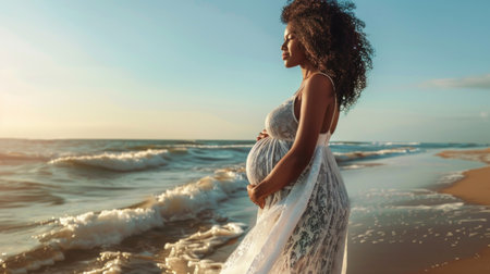A pregnant African American woman relaxing and enjoying a peaceful day at the park.の素材