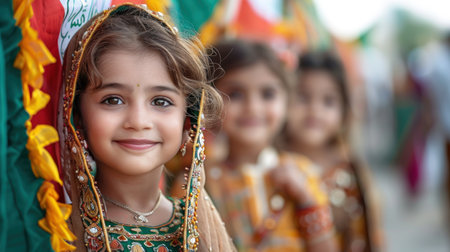 A portrait of children dressed in colorful traditional Pakistani attire, showcasing cultural heritage.の素材