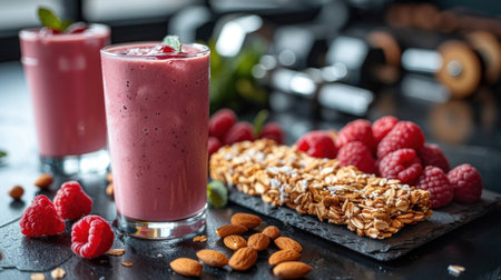 An assortment of post-workout recovery snacks for replenishing energy and nutrients.の素材