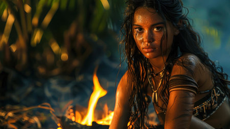 An Indigenous young woman sitting by a campfire, exuding warmth and connection to her heritage.の素材
