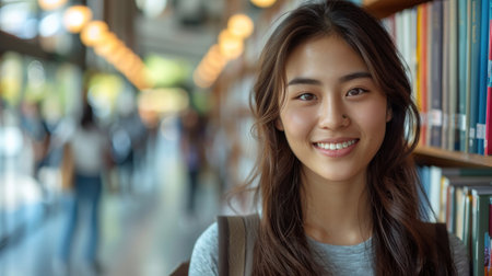 A smiling Asian female student dressed in college attire, exuding a positive, academic vibe.の素材