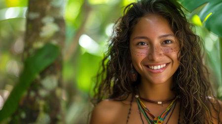 An Indigenous young woman smiling confidently in a desert landscape, showing her natural beauty and cultural heritage.の素材