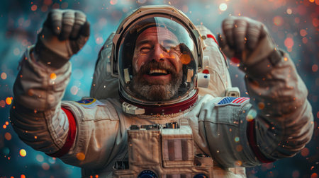 An ecstatic man astronaut in a space helmet and suit, filled with excitement and wonder.の素材