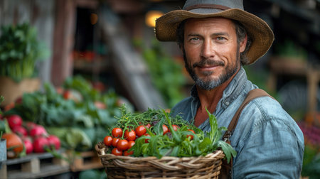 An organic farmer proudly holding freshly harvested crops, showcasing sustainable farming.の素材