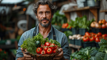 An organic farmer proudly holding freshly harvested crops, showcasing sustainable farming.の素材