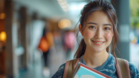 A smiling Asian female student dressed in college attire, exuding a positive, academic vibe.の素材