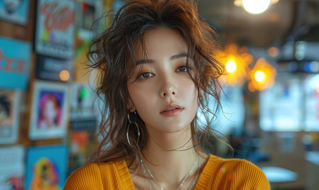 A young woman dressed in chic and trendy K-pop fashion, showcasing vibrant style.の素材