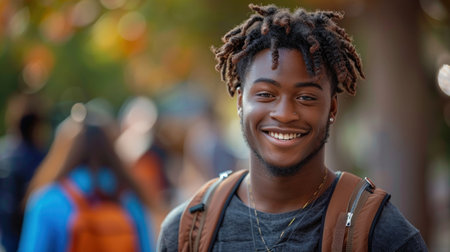 A smiling African American student dressed in college attire, radiating positivity and confidence.の素材