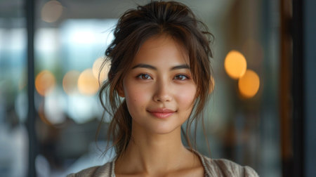 An Asian girl standing outside an office building, exuding confidence and professionalism.の素材