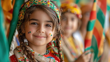 A portrait of children dressed in colorful traditional Pakistani attire, showcasing cultural heritage.の素材