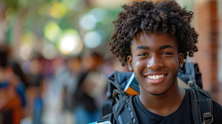 A smiling African American student dressed in college attire, radiating positivity and confidence.の素材
