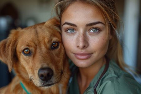 Close-up portrait of a beautiful young woman with her dog.の素材