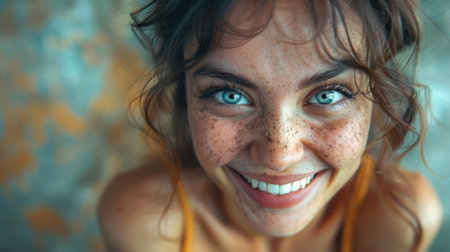 Portrait of a beautiful young woman with freckles on her faceの素材