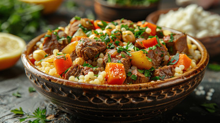 Casserole with meat, cheese and vegetables on a wooden backgroundの素材