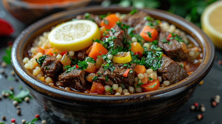 Lebanese lamb stew with couscous and vegetables in a bowlの素材