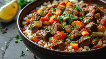 Traditional bulgur with meat and vegetables in bowl on table, closeupの素材
