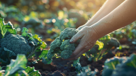 Close-up of a woman's hand picking fresh green broccoli in the fieldの素材