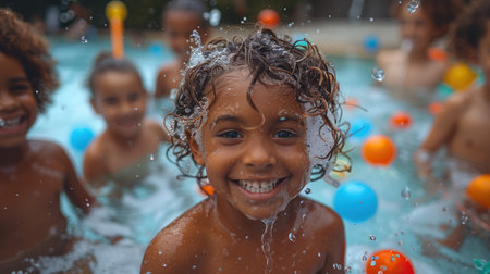 Portrait of smiling African American boy in swimming pool with friendsの素材