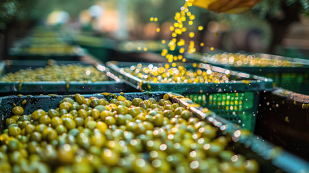 Green olives in a basket on the market. Selective focus.の素材