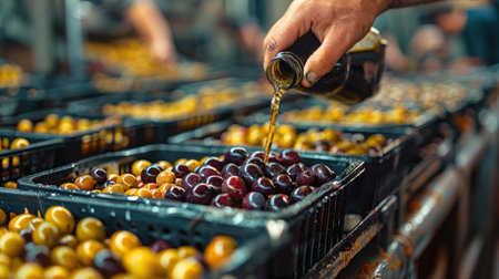 Pouring olive oil on olives in plastic boxes in olive factoryの素材