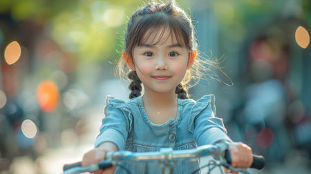 Portrait of Asian child girl with bicycle in the city.の素材