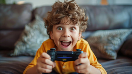 Excited boy playing video game at home. Excited kid having fun while playing video games.の素材