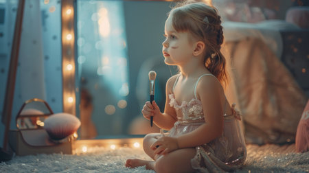 Cute little girl with makeup brushes sitting on the floor at homeの素材