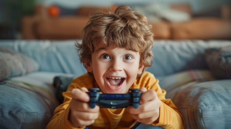 Portrait of little boy playing video game at home in the living roomの素材